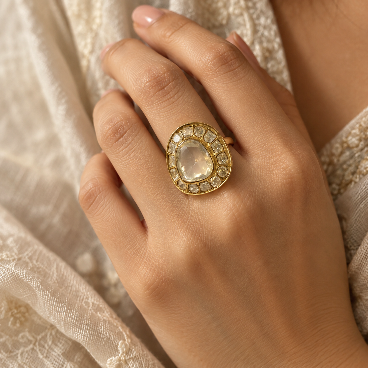 Eloria Halo Polki Ring | 22KT Gold Plated Moissanite Ring
