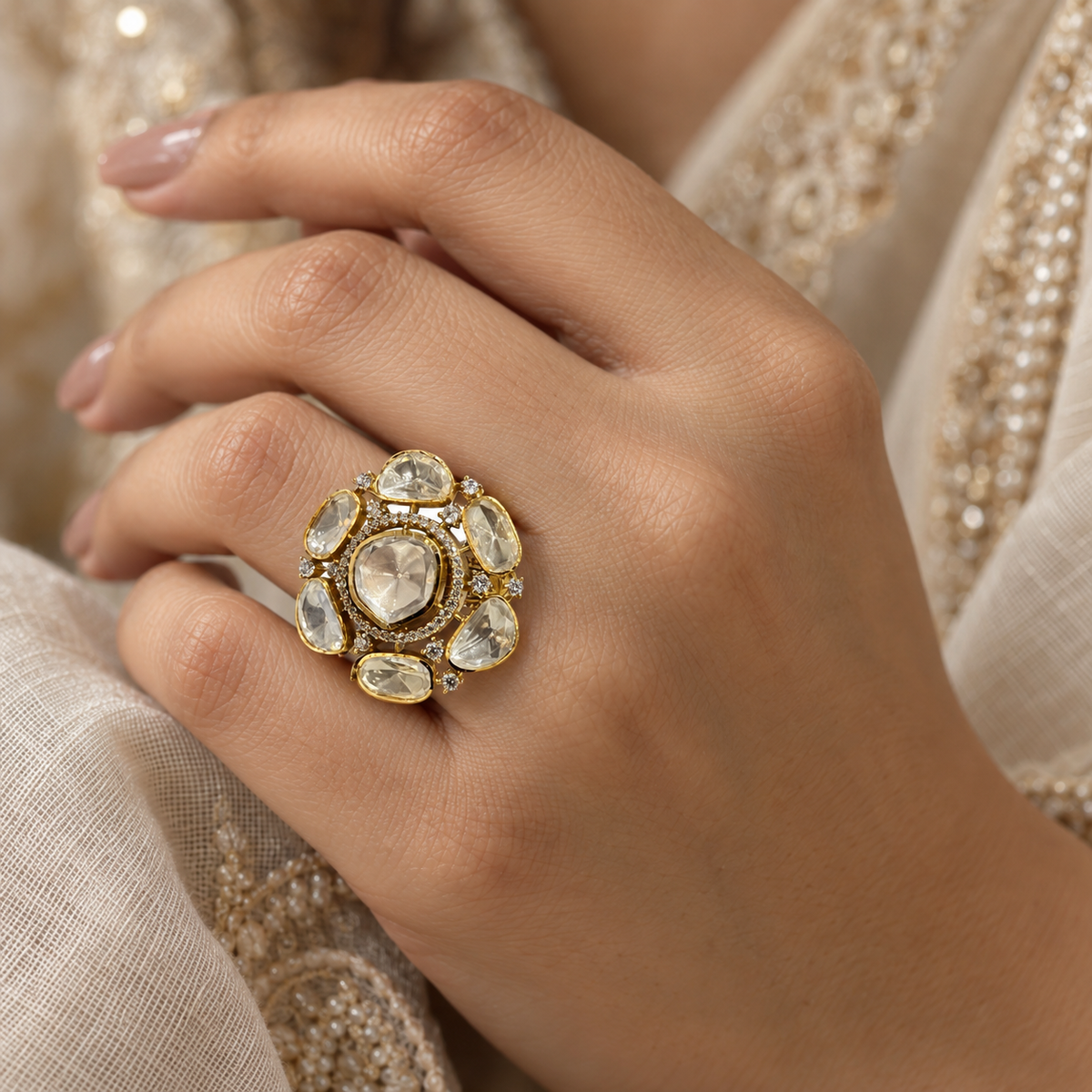 Shahzadi Moissanite Polki Ring | 22KT Gold Plated Royal Ring