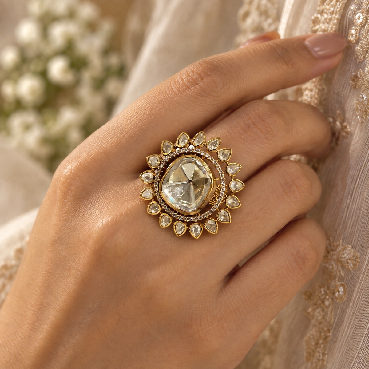 Seraphine Sunburst Moissanite Polki Ring | 22KT Gold Plated Ring