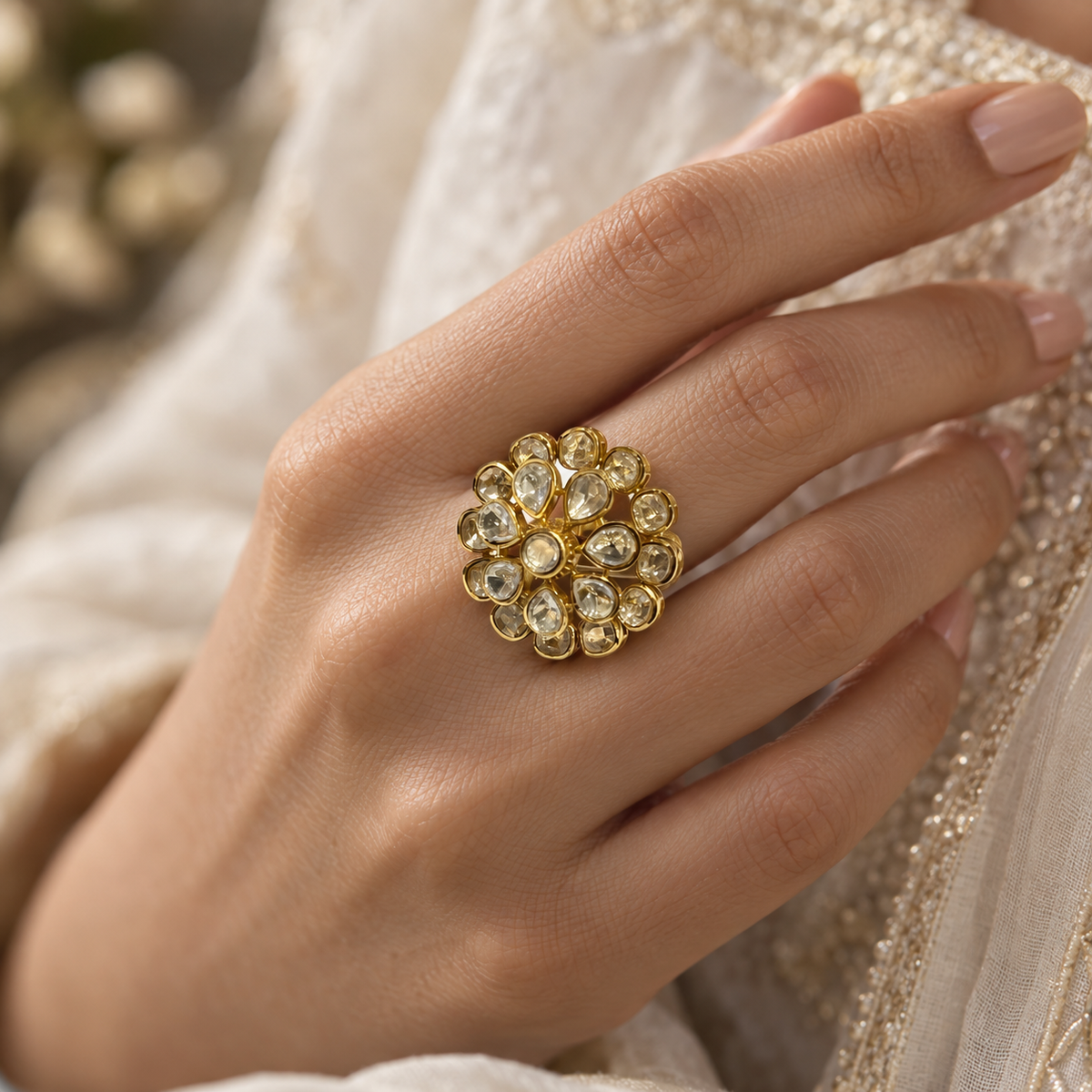 Roselle Moissanite Polki Ring | 22KT Gold Plated Floral Ring