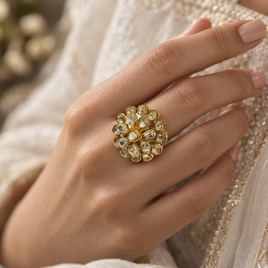 Roselle Moissanite Polki Ring | 22KT Gold Plated Floral Ring