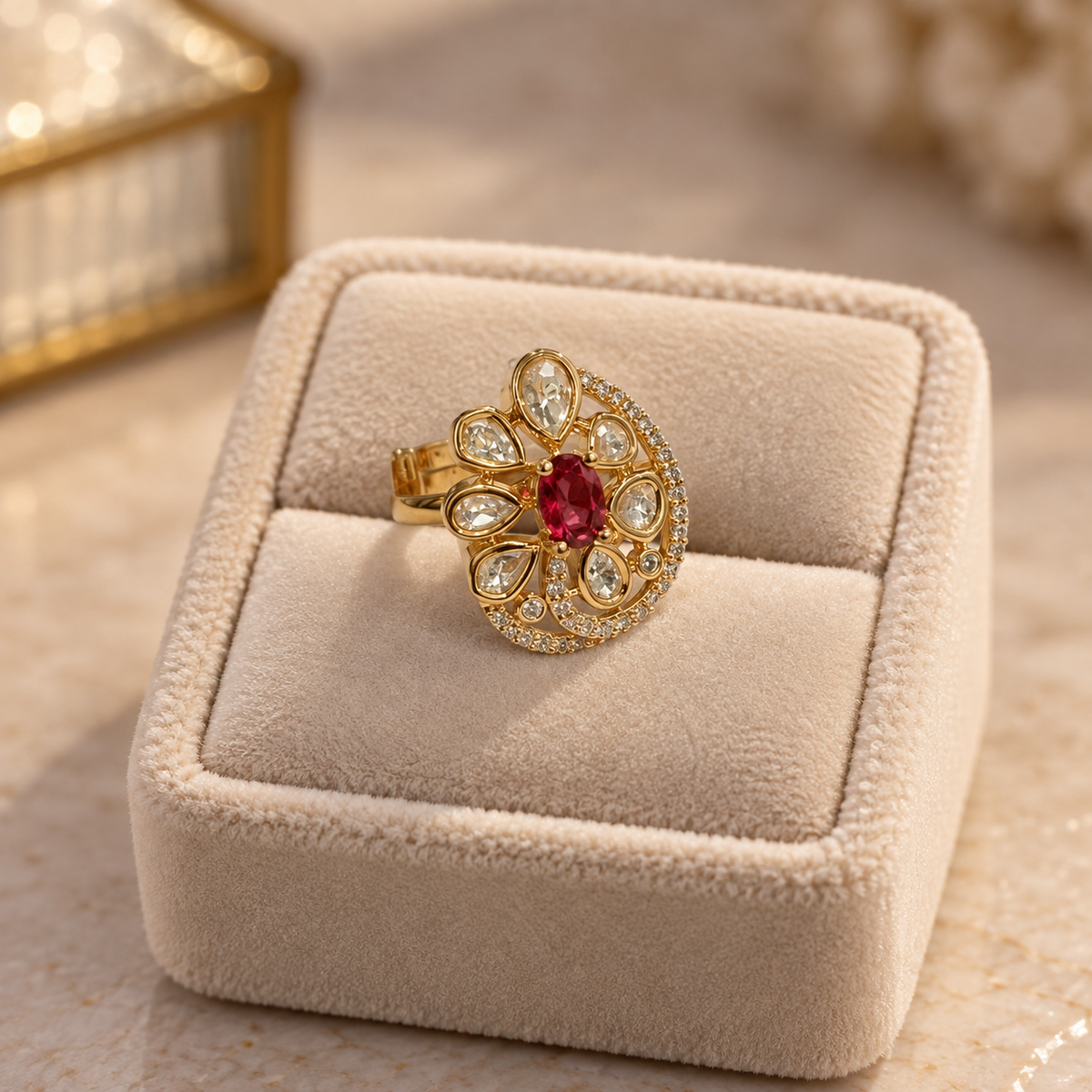 Rajrang Moissanite Polki Ring | 22KT Gold Plated Royal Ring