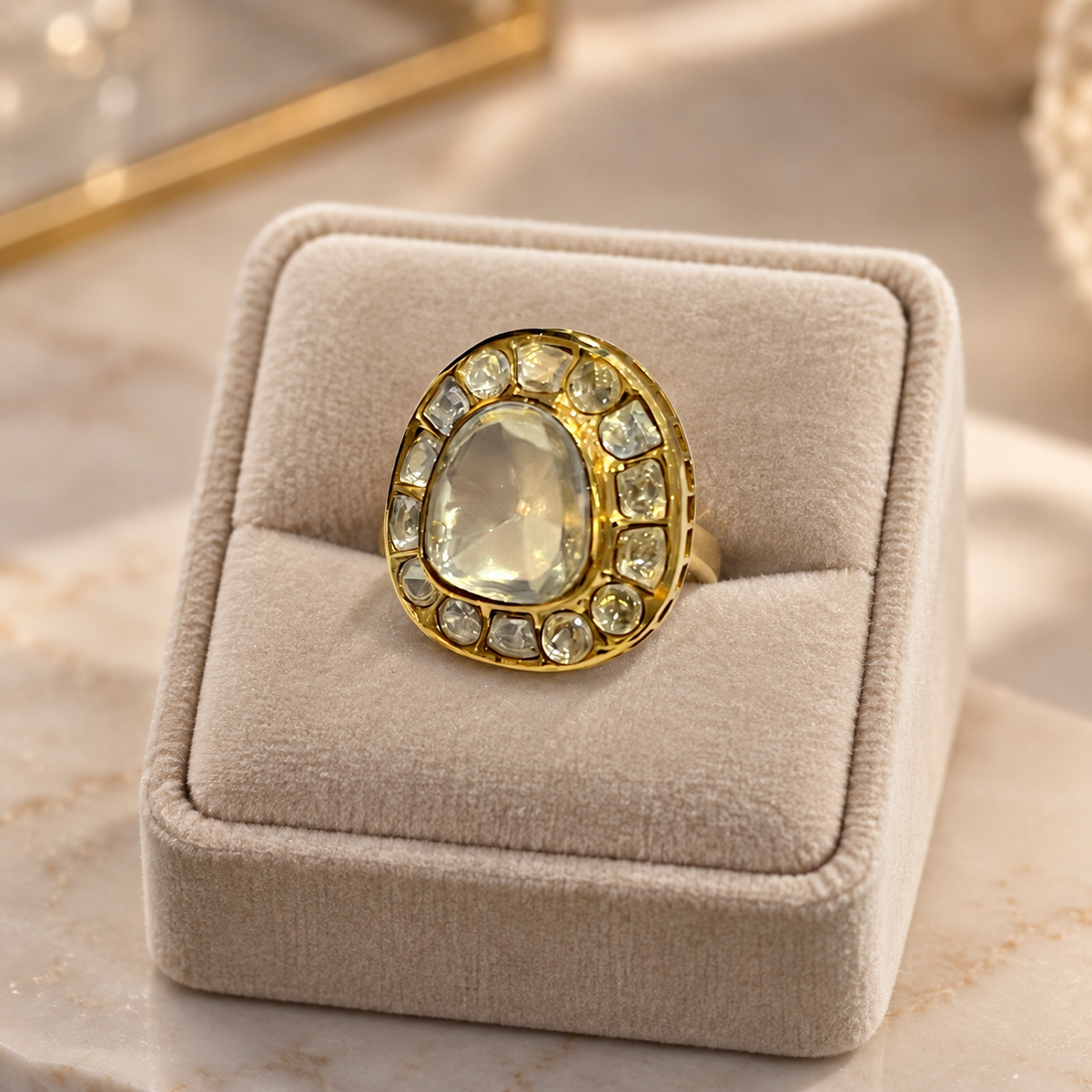 Eloria Halo Polki Ring | 22KT Gold Plated Moissanite Ring