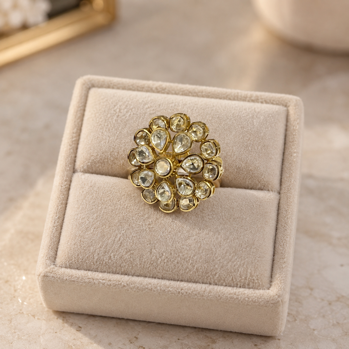 Roselle Moissanite Polki Ring | 22KT Gold Plated Floral Ring