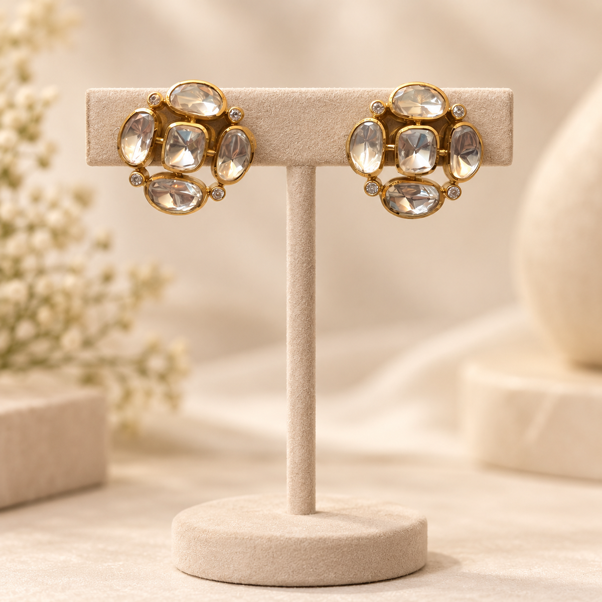 Zayvani Cushion & Oval Moissanite Uncut Polki Stud Earrings | 22KT Gold Plated Pure Brass