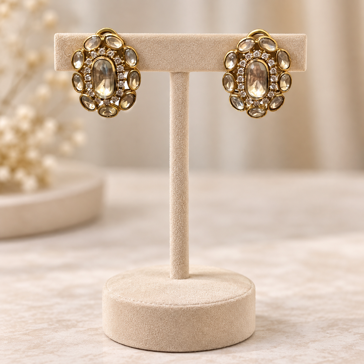 Velmora Oval Moissanite Uncut Polki Earrings | 22KT Gold Plated Pure Brass