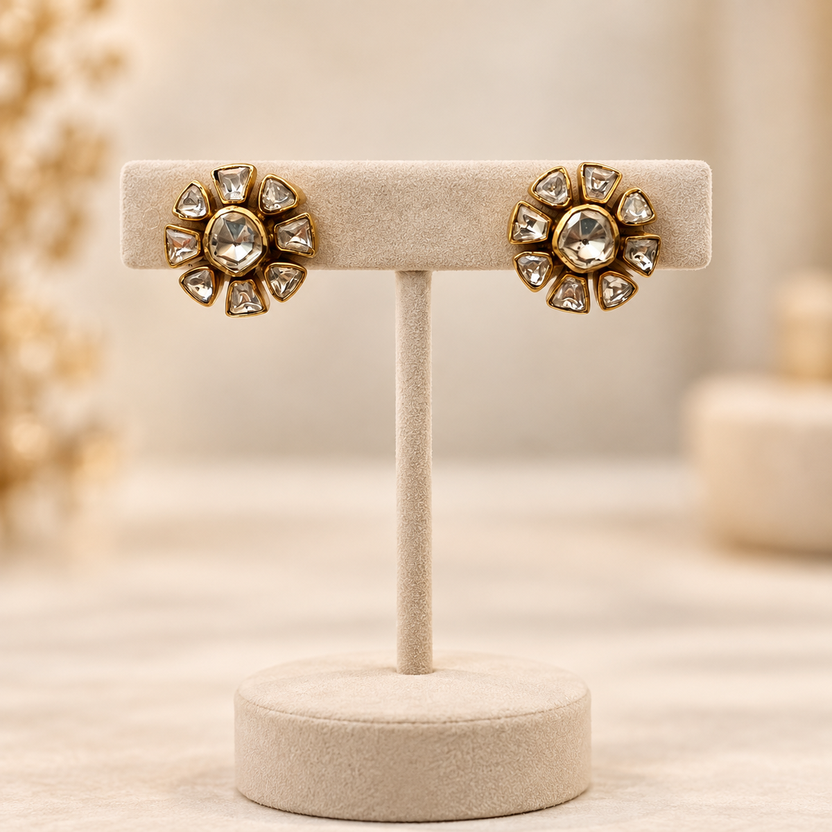 Orvessa Floral Moissanite Uncut Polki Stud Earrings | 22KT Gold Plated Pure Brass