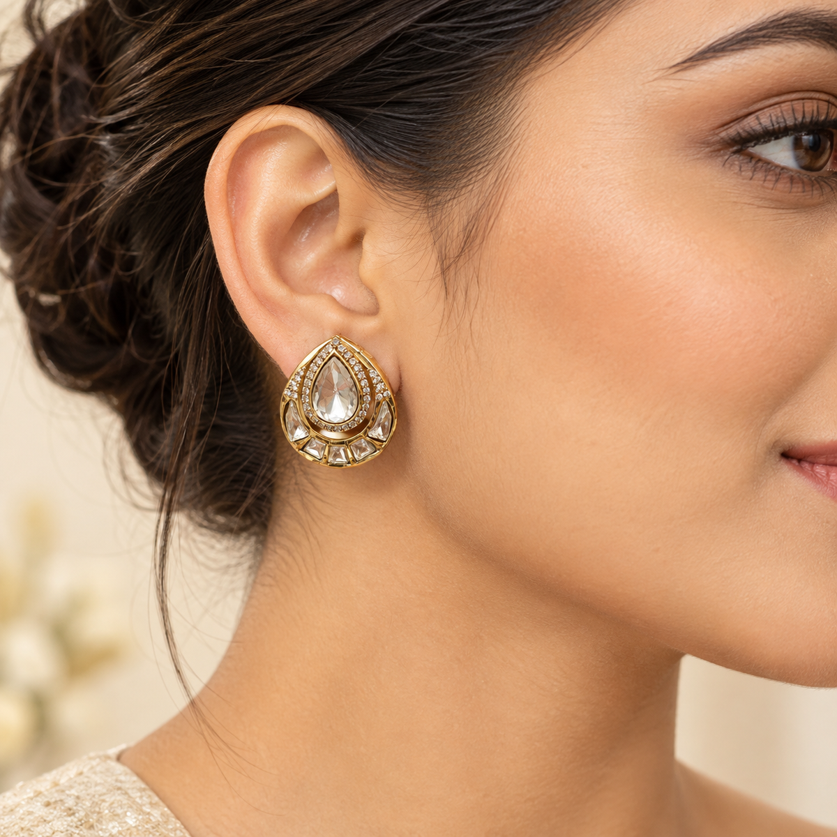 Elvara Teardrop Moissanite Polki Earrings | Gold Statement Earrings
