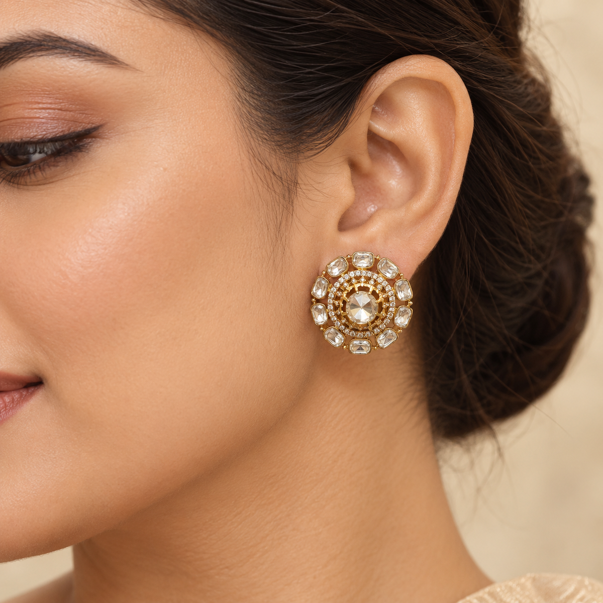 Celestia Round Moissanite Uncut Polki Earrings | 22KT Gold Plated Pure Brass