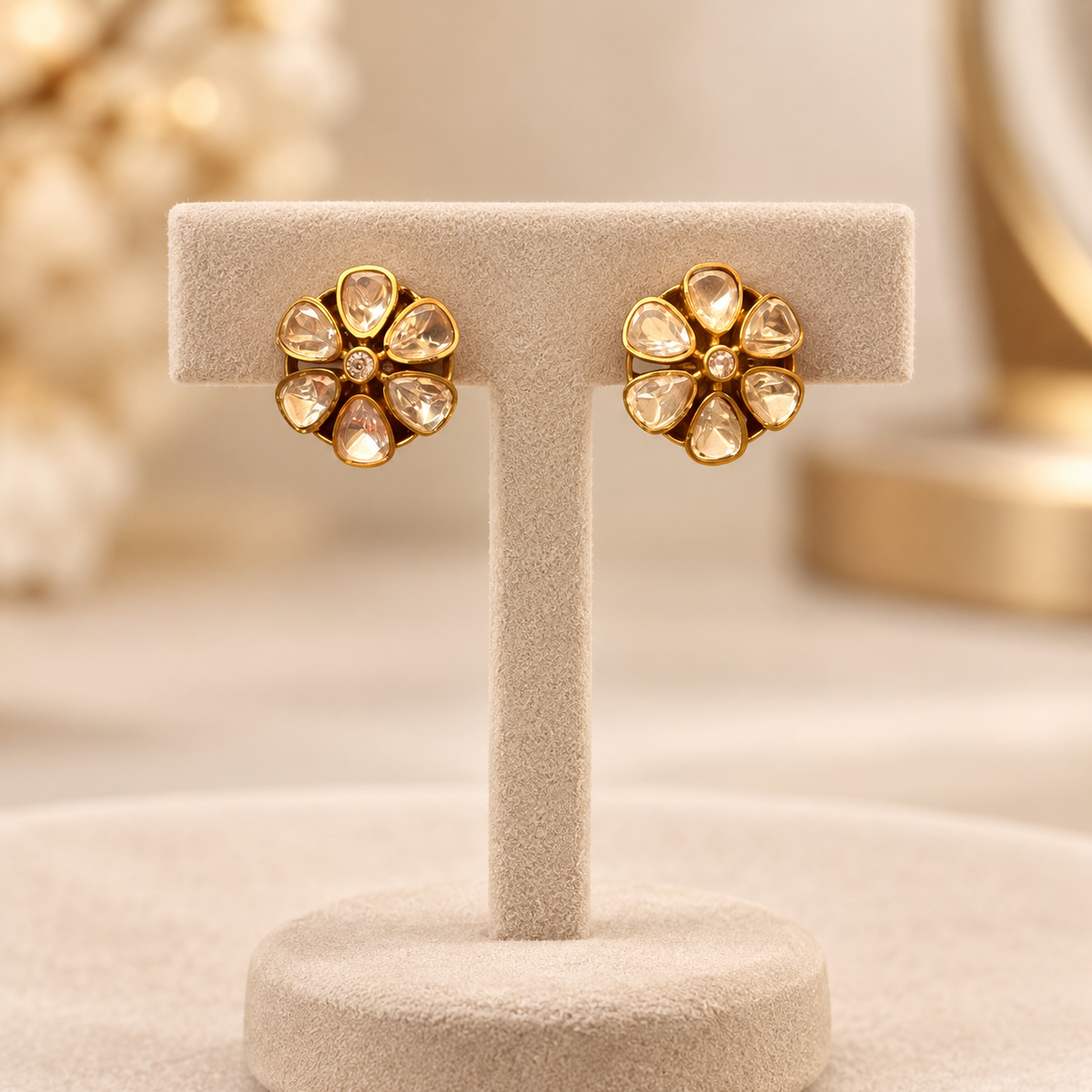 Zelvique Floral Moissanite Uncut Polki Stud Earrings | 22KT Gold Plated Pure Brass