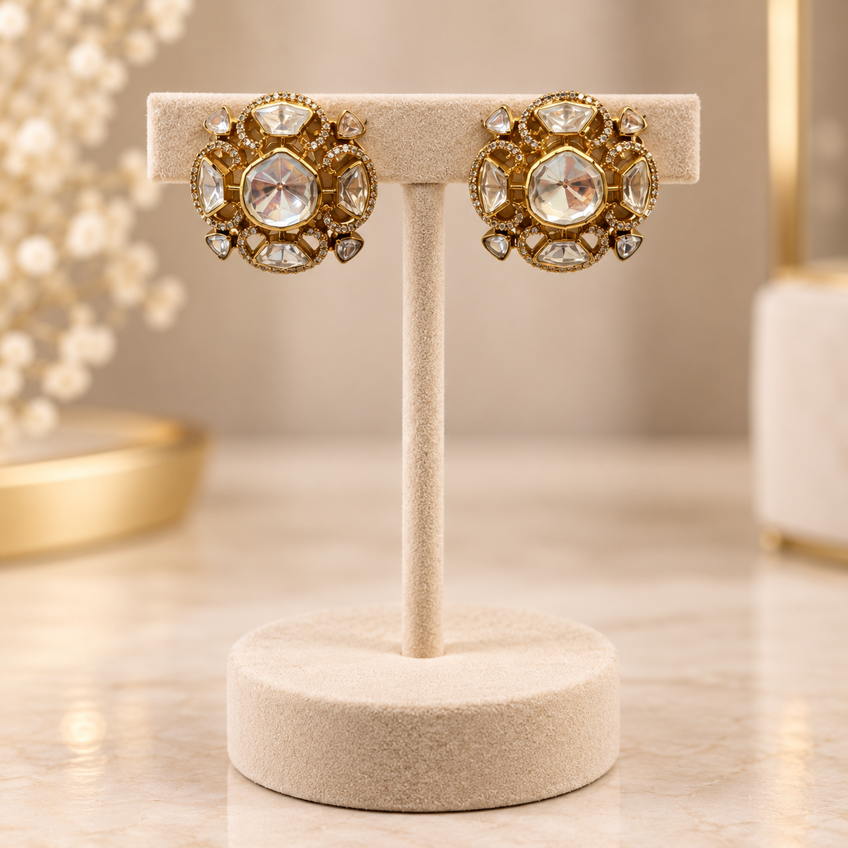 Aurelia Floral Moissanite Uncut Polki Earrings | 22K Gold Plated Pure Brass Bridal Earrings