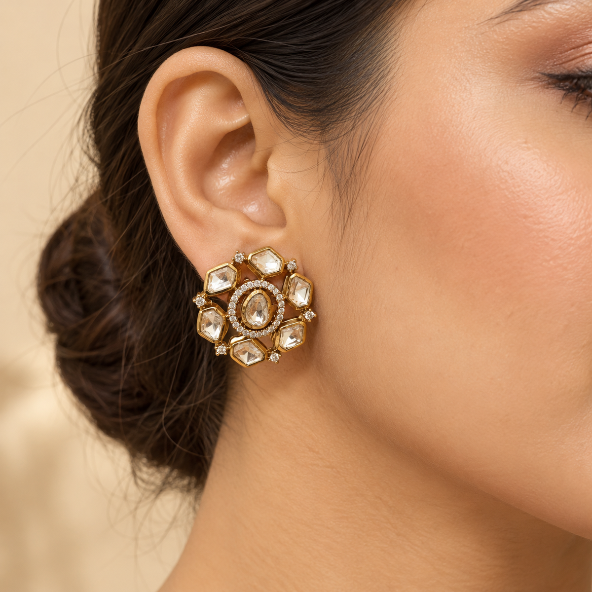 Zarelle Teardrop Moissanite Uncut Polki Earrings | 22KT Gold Plated Pure Brass