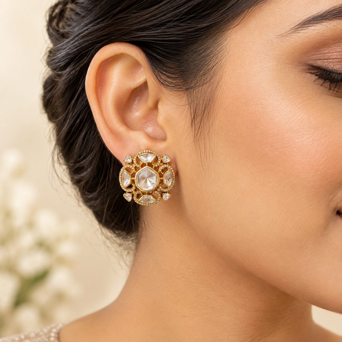 Aurelia Floral Moissanite Uncut Polki Earrings | 22K Gold Plated Pure Brass Bridal Earrings