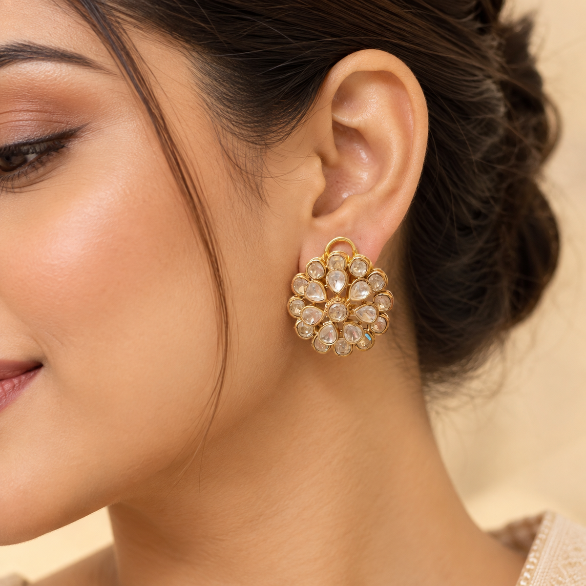 Floréa Moissanite Uncut Polki Earrings | 22KT Gold Plated Pure Brass Floral Earrings