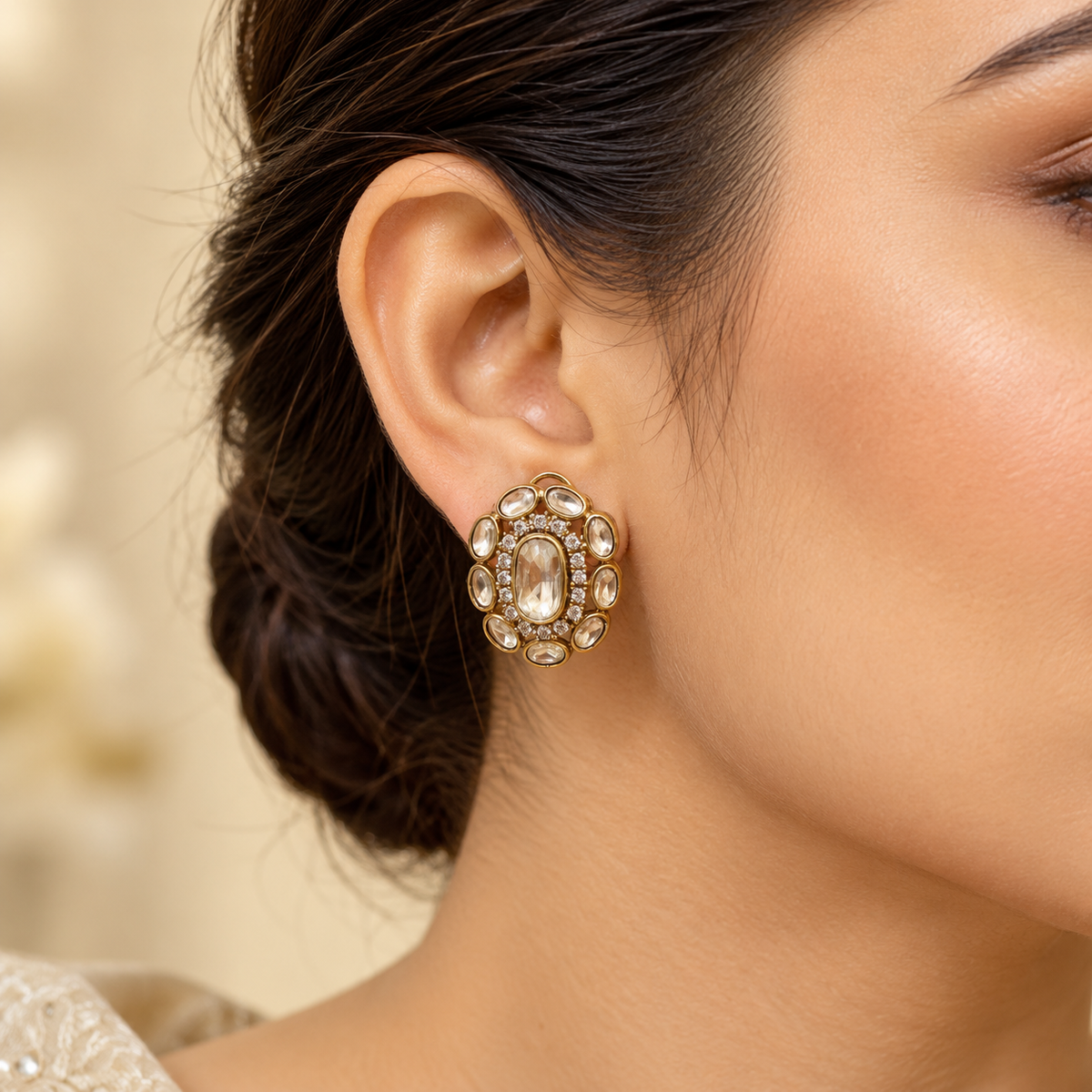 Velmora Oval Moissanite Uncut Polki Earrings | 22KT Gold Plated Pure Brass