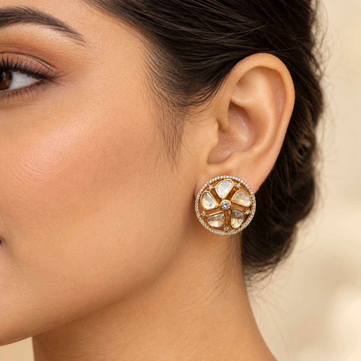 Vireza Floral Moissanite Uncut Polki Earrings | 22KT Gold Plated Pure Brass