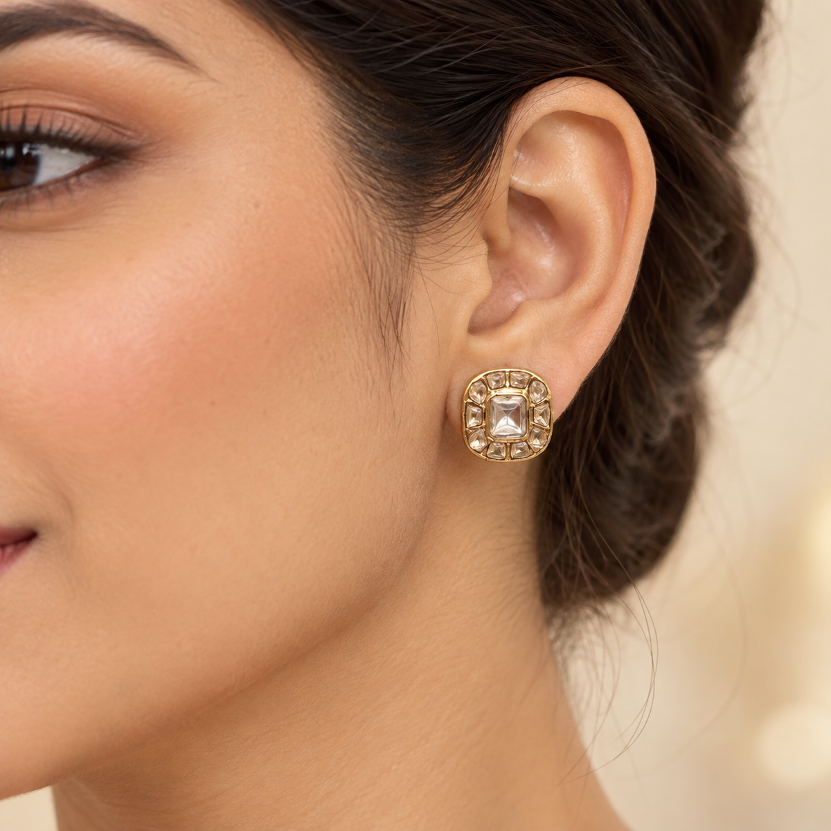 Zevrani Cushion Cut Moissanite Uncut Polki Earrings | 22KT Gold Plated Pure Brass