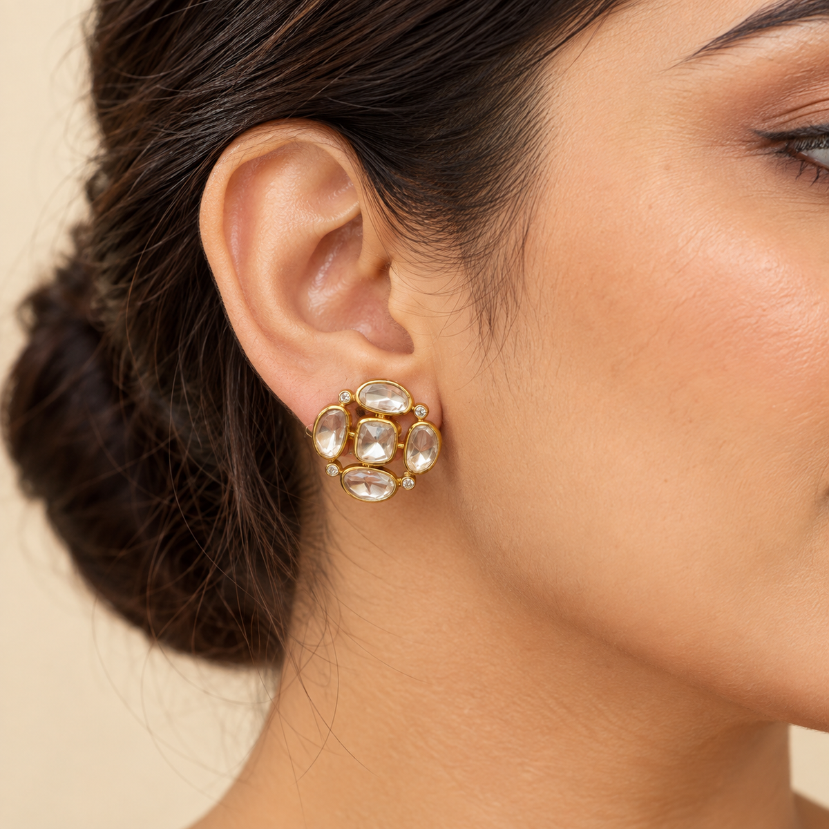 Zayvani Cushion & Oval Moissanite Uncut Polki Stud Earrings | 22KT Gold Plated Pure Brass