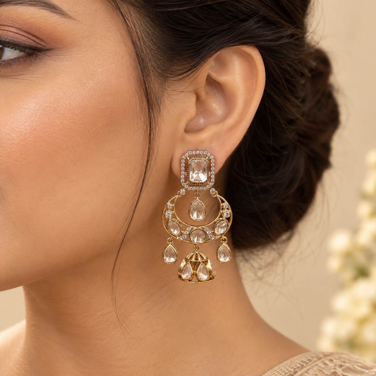 Ruhzara Moissanite Uncut Polki Jhumka Earrings | 22KT Gold Plated Pure Brass