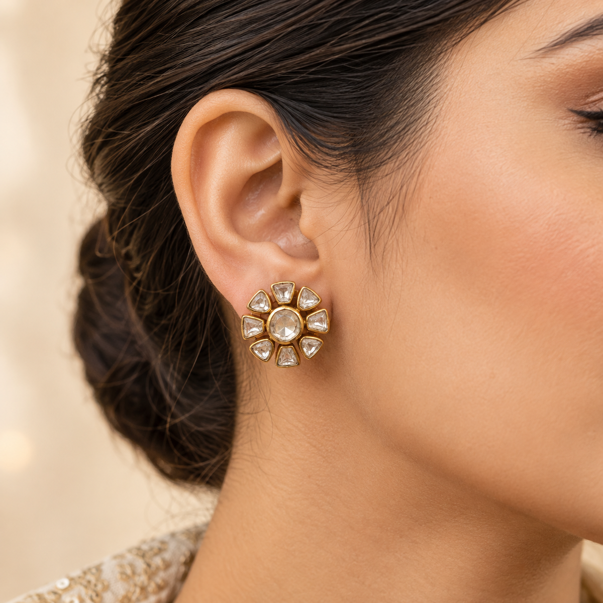 Orvessa Floral Moissanite Uncut Polki Stud Earrings | 22KT Gold Plated Pure Brass
