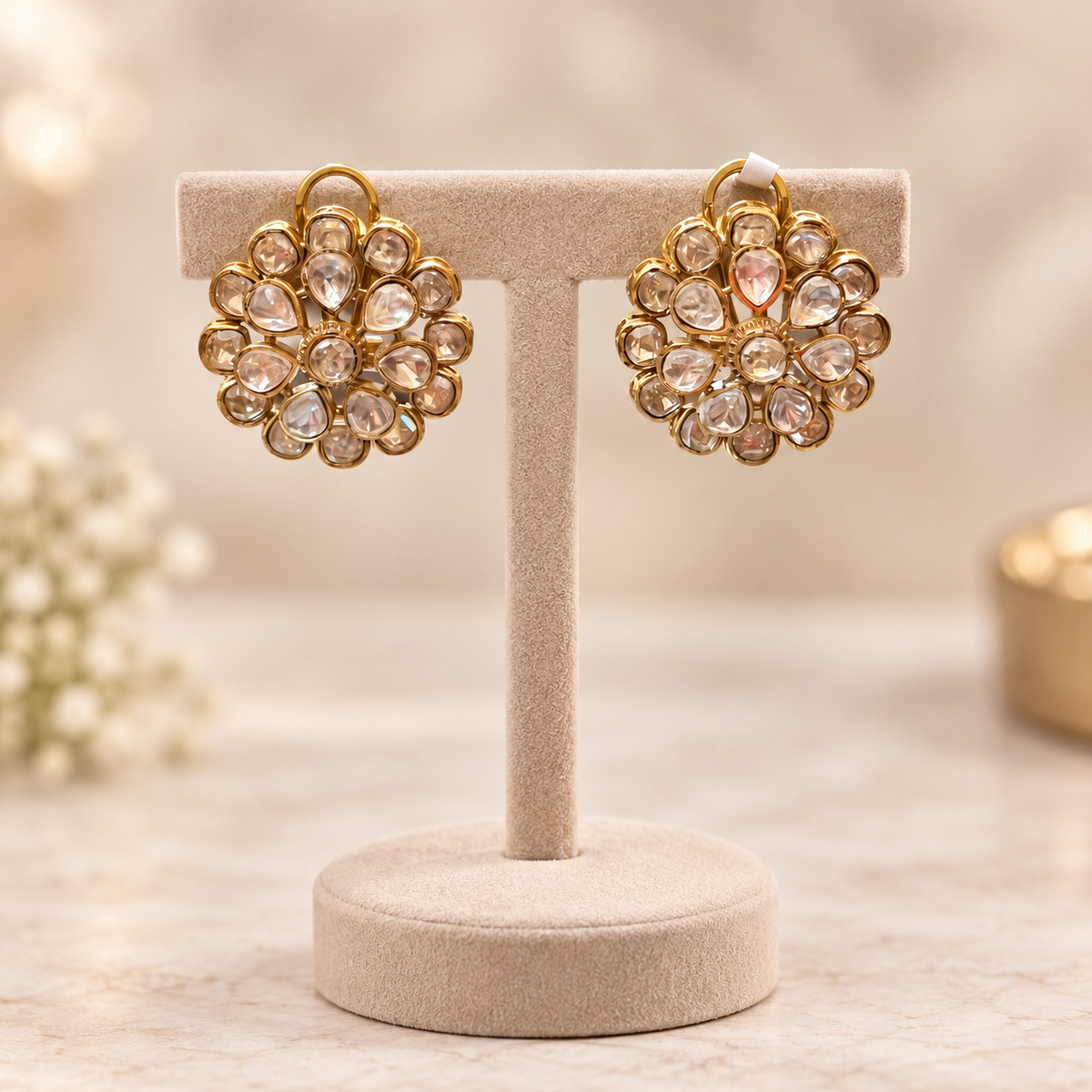 Floréa Moissanite Uncut Polki Earrings | 22KT Gold Plated Pure Brass Floral Earrings
