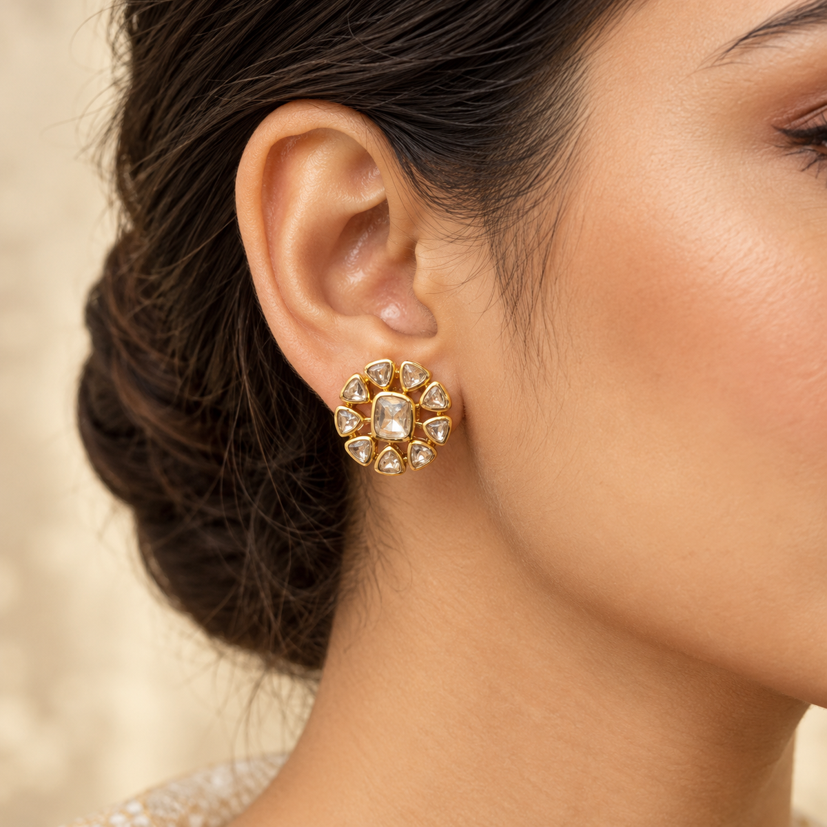 Sorvella Cushion Moissanite Uncut Polki Stud Earrings | 22KT Gold Plated Pure Brass