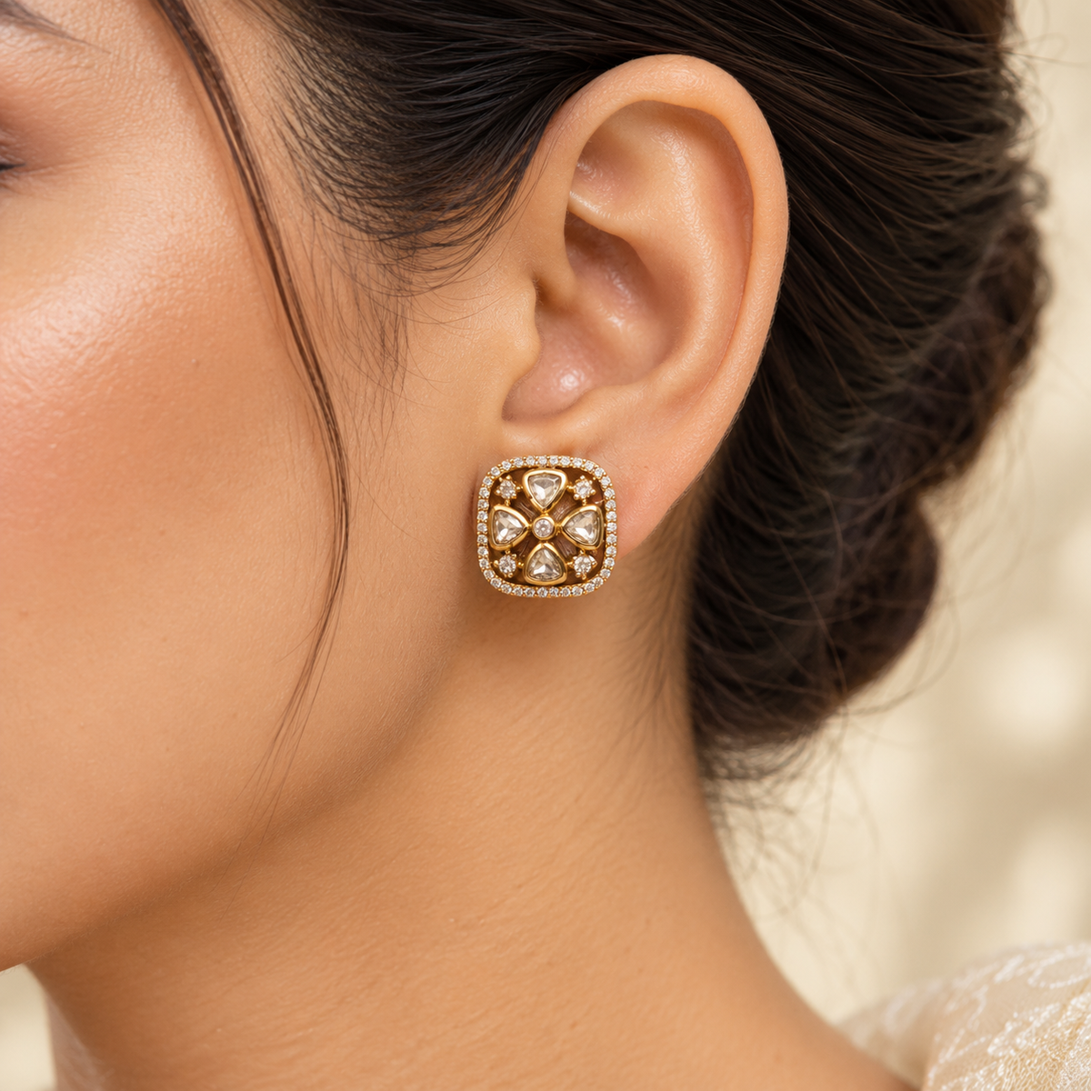 Zorvella Floral Moissanite Uncut Polki Stud Earrings | 22KT Gold Plated Pure Brass