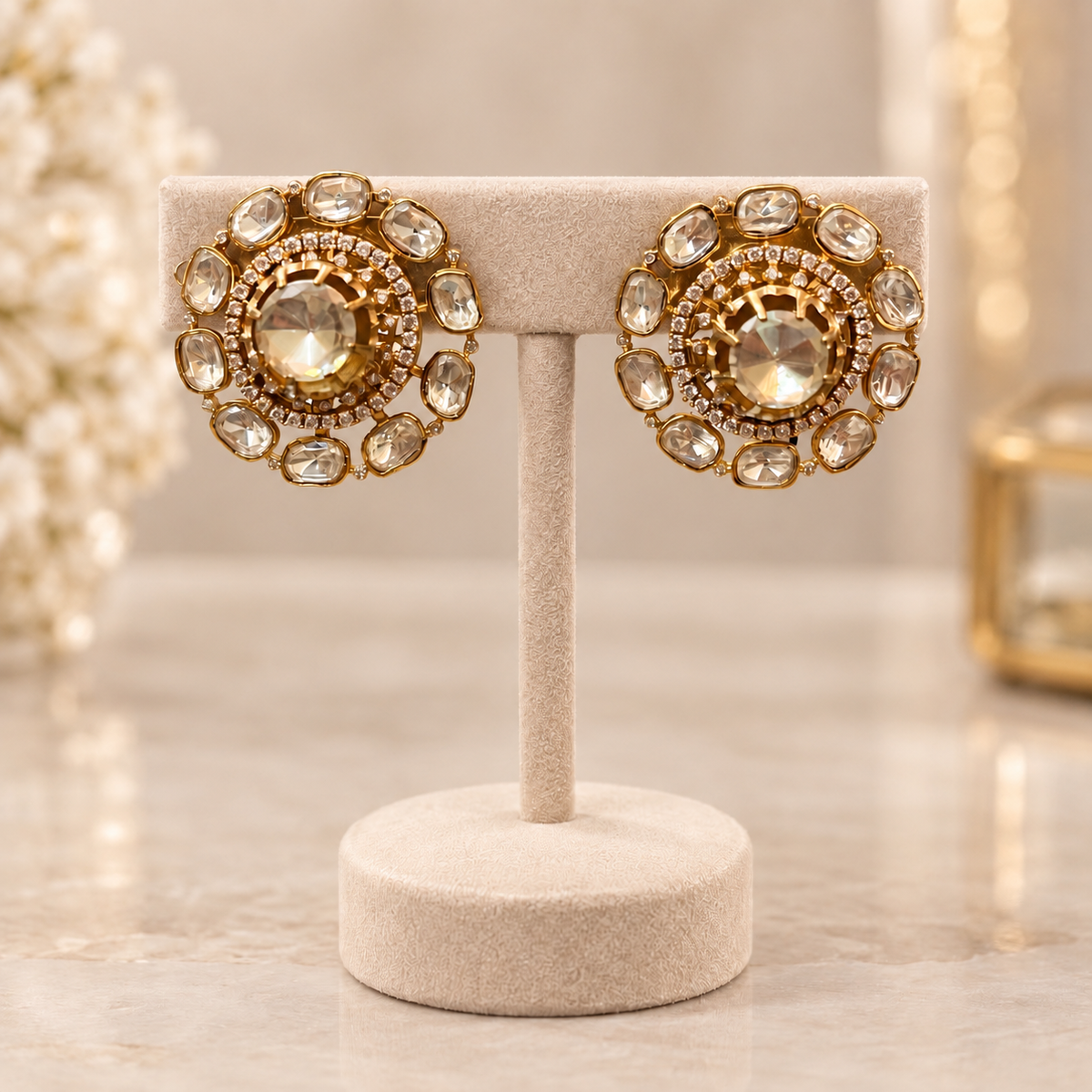 Celestia Round Moissanite Uncut Polki Earrings | 22KT Gold Plated Pure Brass