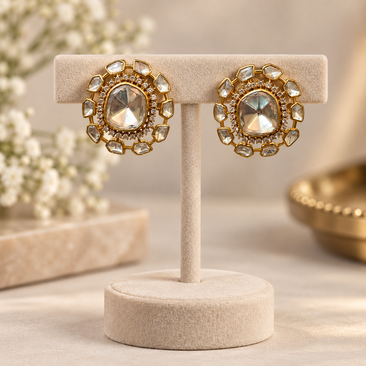 Kairenza Moissanite Uncut Polki Earrings | 22KT Gold Plated Pure Brass Bridal Earrings