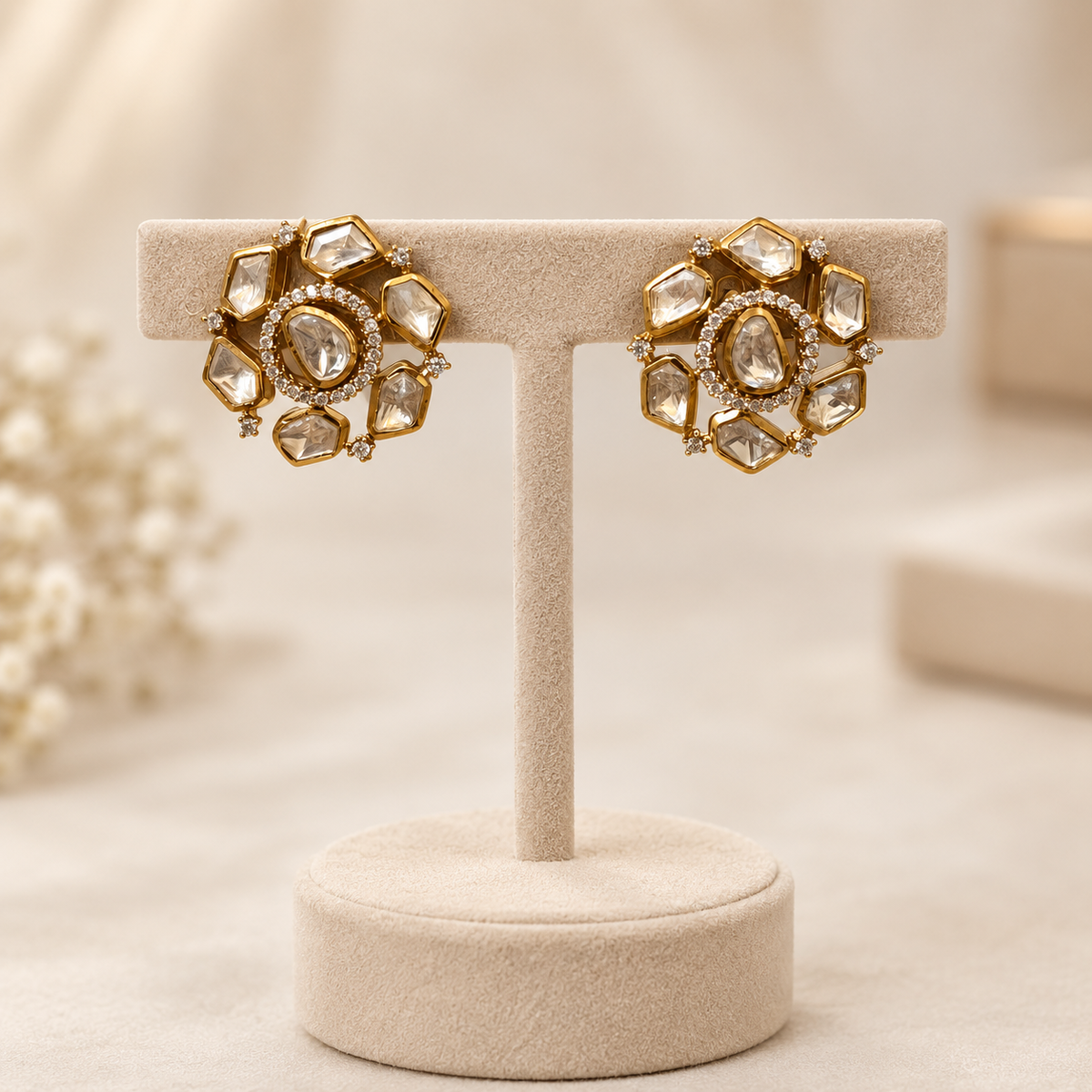 Zarelle Teardrop Moissanite Uncut Polki Earrings | 22KT Gold Plated Pure Brass