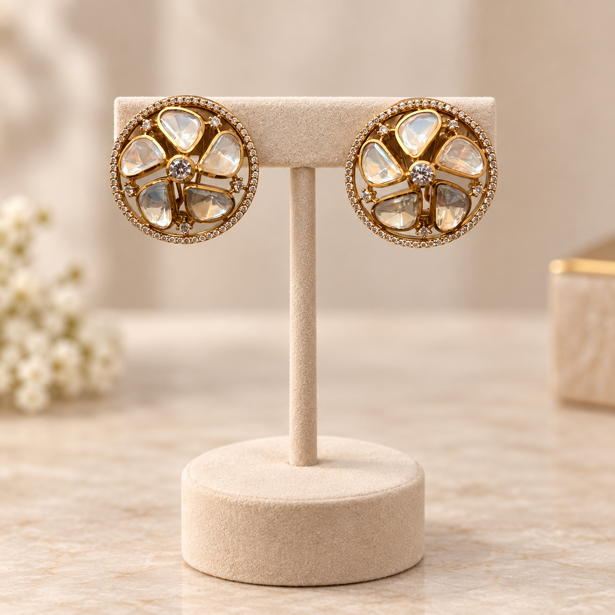 Vireza Floral Moissanite Uncut Polki Earrings | 22KT Gold Plated Pure Brass