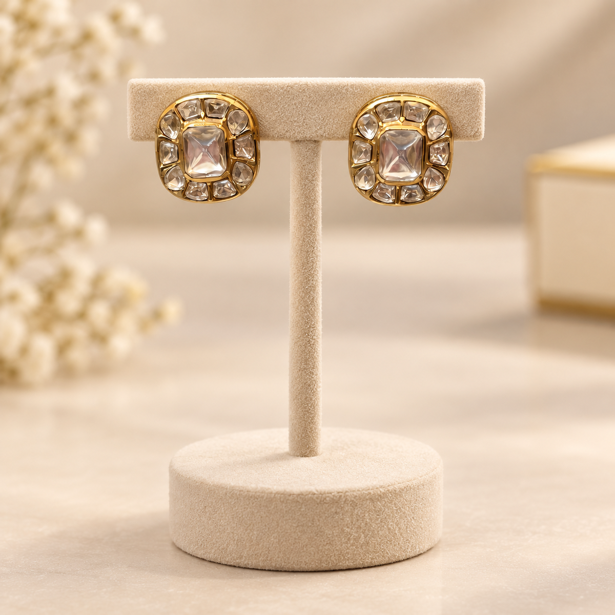 Zevrani Cushion Cut Moissanite Uncut Polki Earrings | 22KT Gold Plated Pure Brass