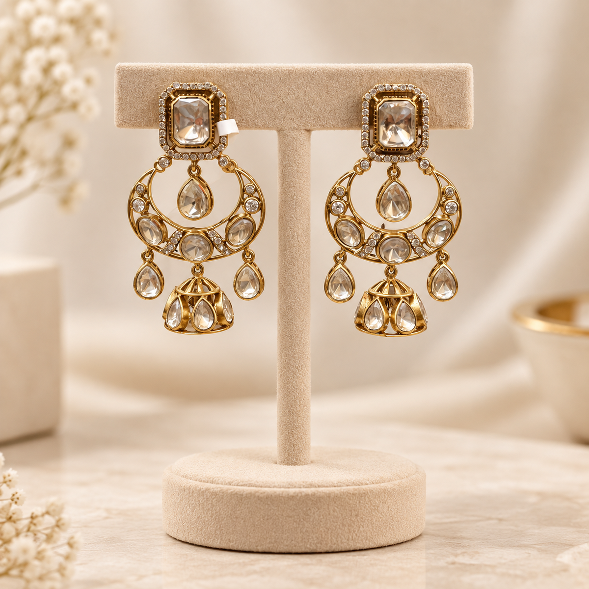 Ruhzara Moissanite Uncut Polki Jhumka Earrings | 22KT Gold Plated Pure Brass