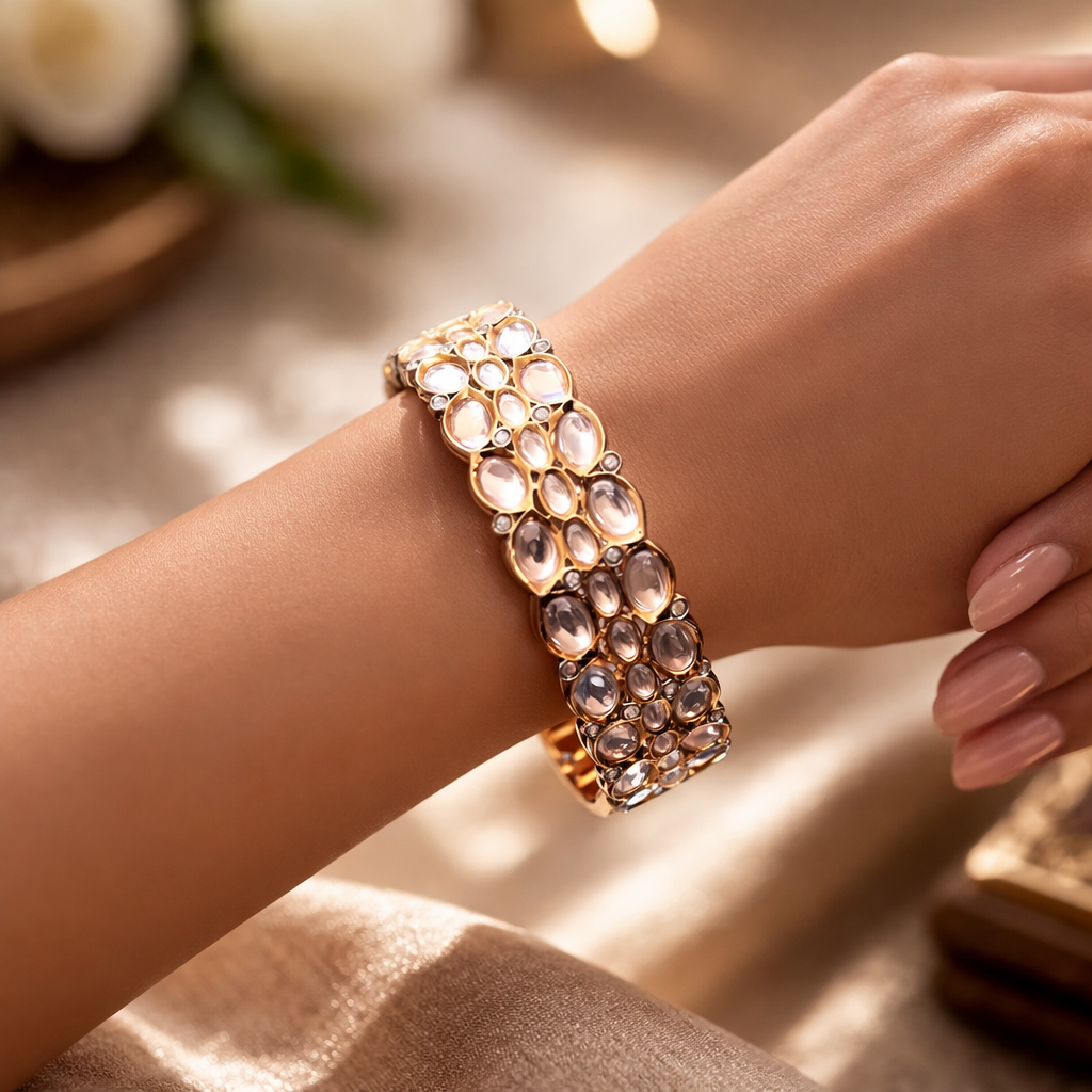 Mehr Oval Polki Bracelet | Luxury Gold Polki Statement Bracelet