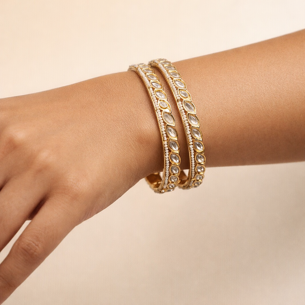 Zehra Pearl Polki Bangles | Elegant Gold Polki & Pearl Bangle Pair