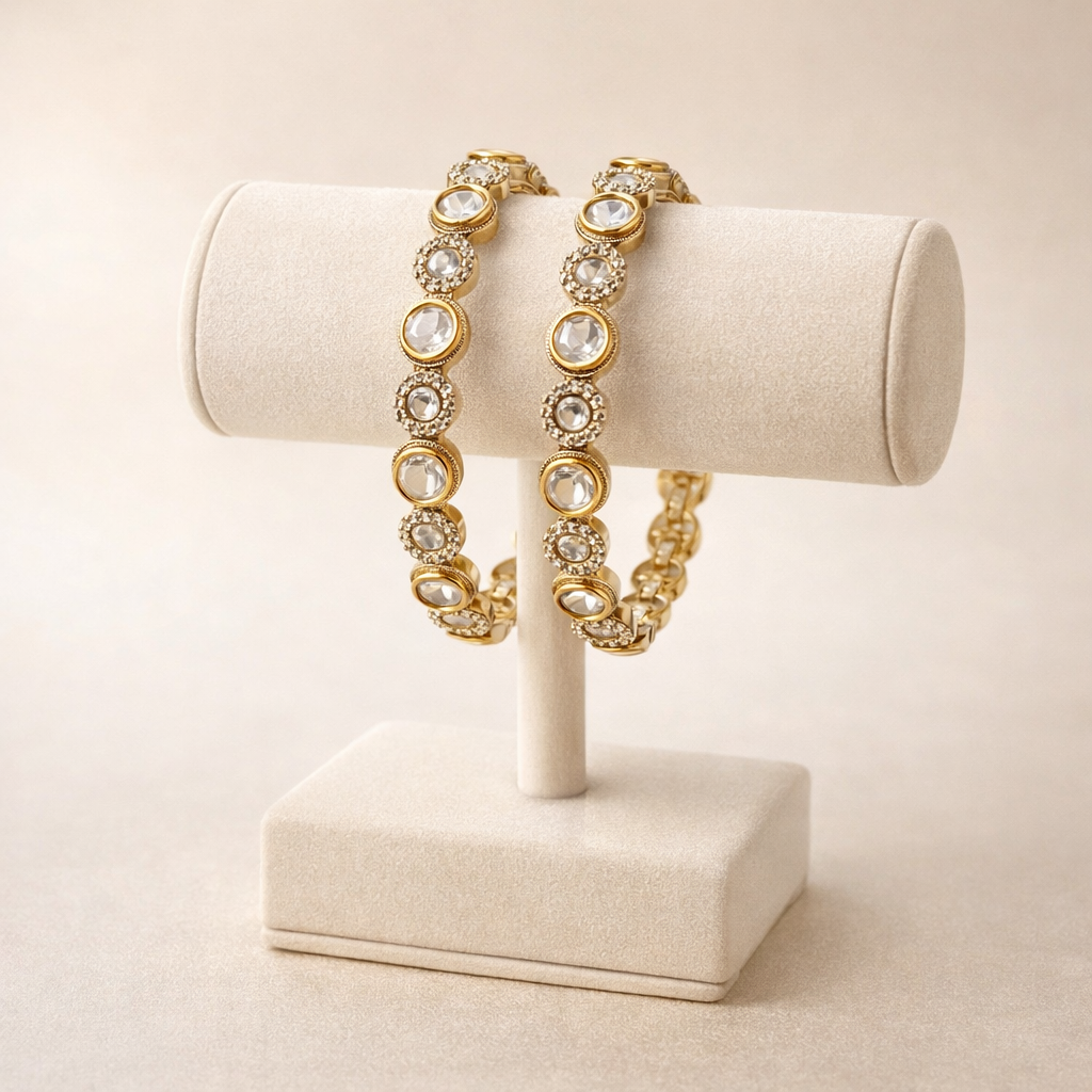 Aabroo Heritage Polki Bangles | Designer Gold Polki Statement Bangle Pair