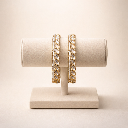 Zehra Pearl Polki Bangles | Elegant Gold Polki & Pearl Bangle Pair
