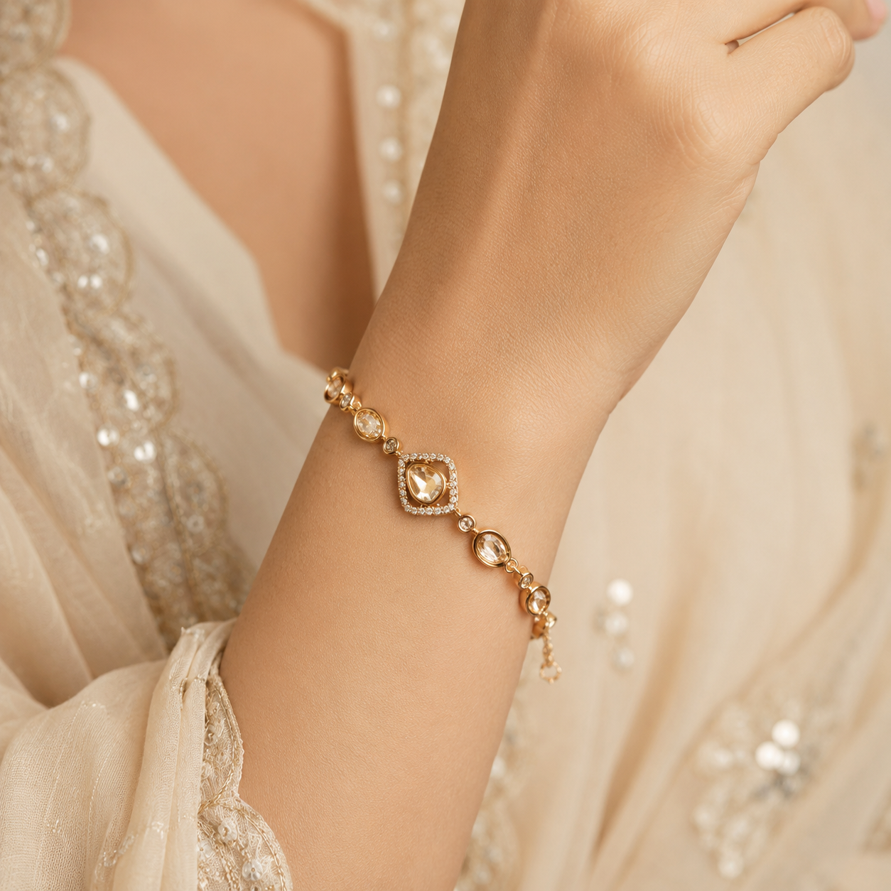 Vaanya Prism Bracelet – Gold Tone Moissanite Polki Geometric Bracelet for Women | Luxury Wedding & Festive Jewelry