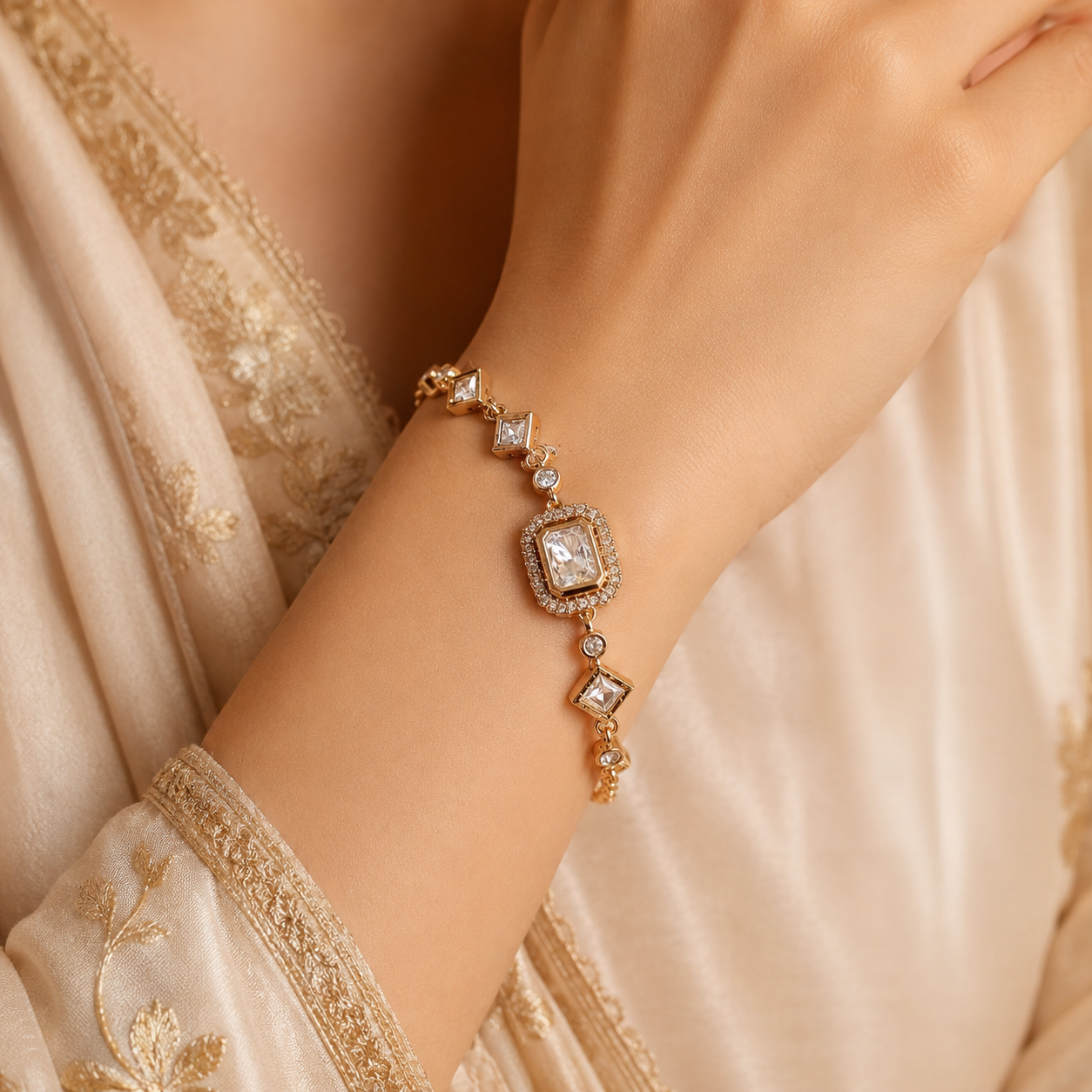 Aarinya Royale Bracelet – Gold Tone Moissanite Polki Geometric Bracelet for Women | Luxury Wedding & Festive Jewelry