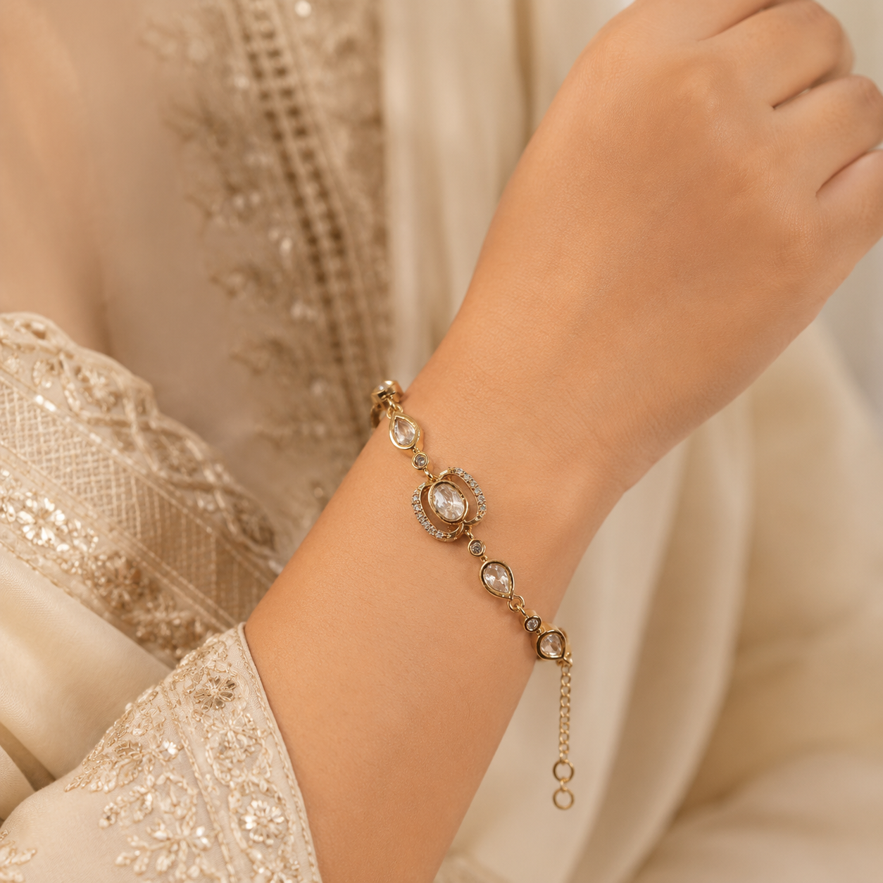 Mehera Aura Bracelet – Gold Tone Moissanite Polki Bracelet for Women | Elegant Wedding, Festive & Party Wear Jewelry