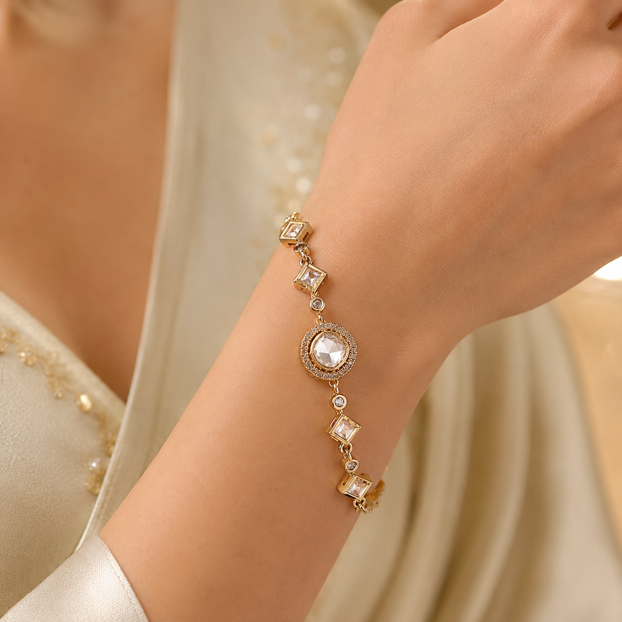 Taarika Halo Bracelet – Gold Tone Moissanite Polki Bracelet for Women | Geometric Luxury Wedding & Party Jewelry