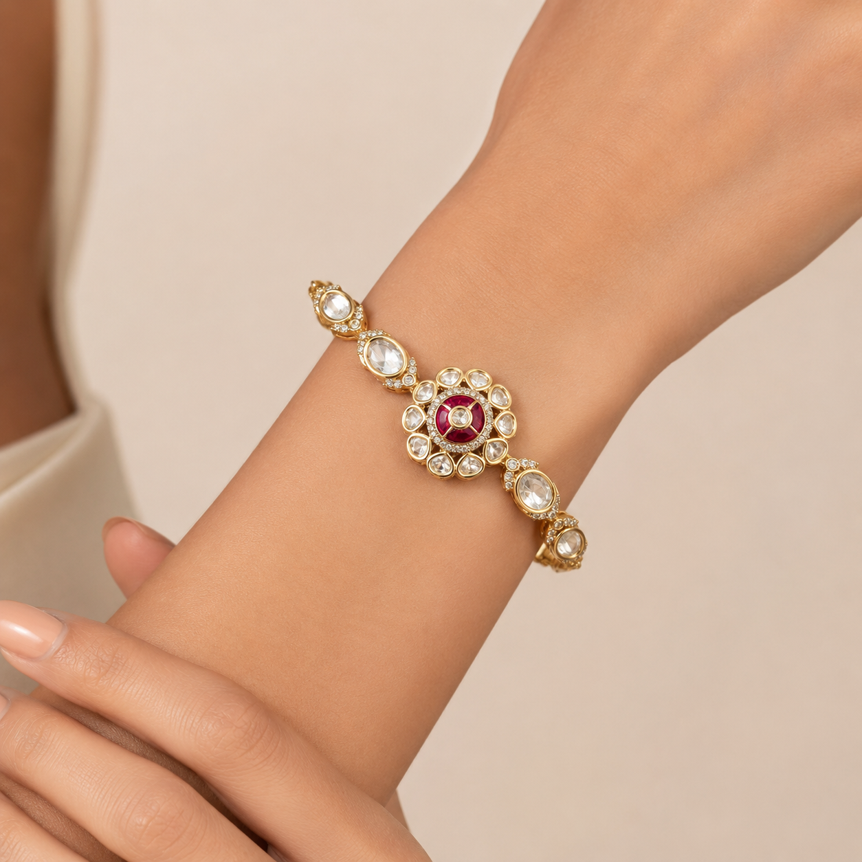 Royal Polki Floral Bracelet for Women | Gold Finish Kundan Polki Bracelet | Wedding & Festive Jewelry