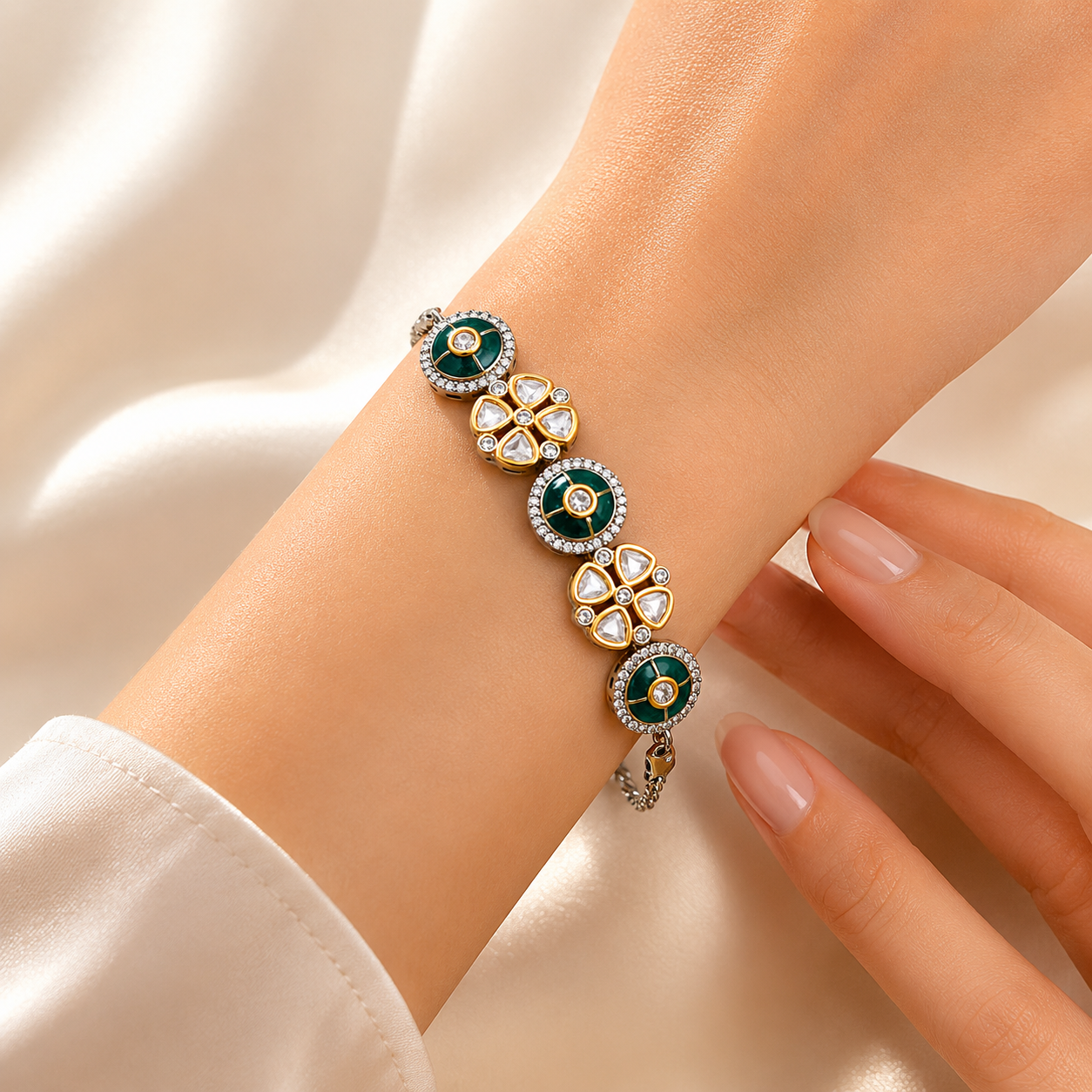Emerald Polki Floral Bracelet in Dual Tone Gold Finish | Designer Luxury Bracelet for Women