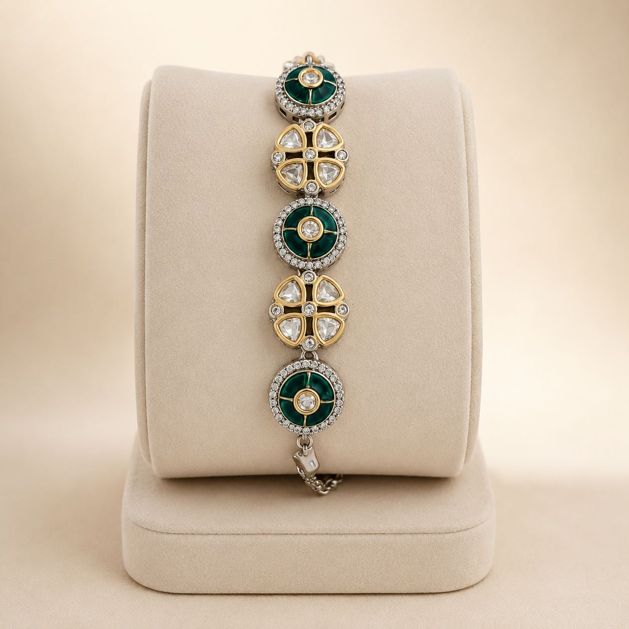 Emerald Polki Floral Bracelet in Dual Tone Gold Finish | Designer Luxury Bracelet for Women