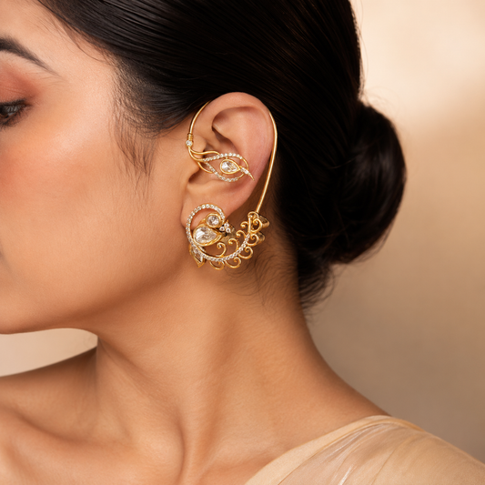 Mayurika Moissanite Polki Ear Cuff Earrings in Gold Finish | Atal Jain Designs