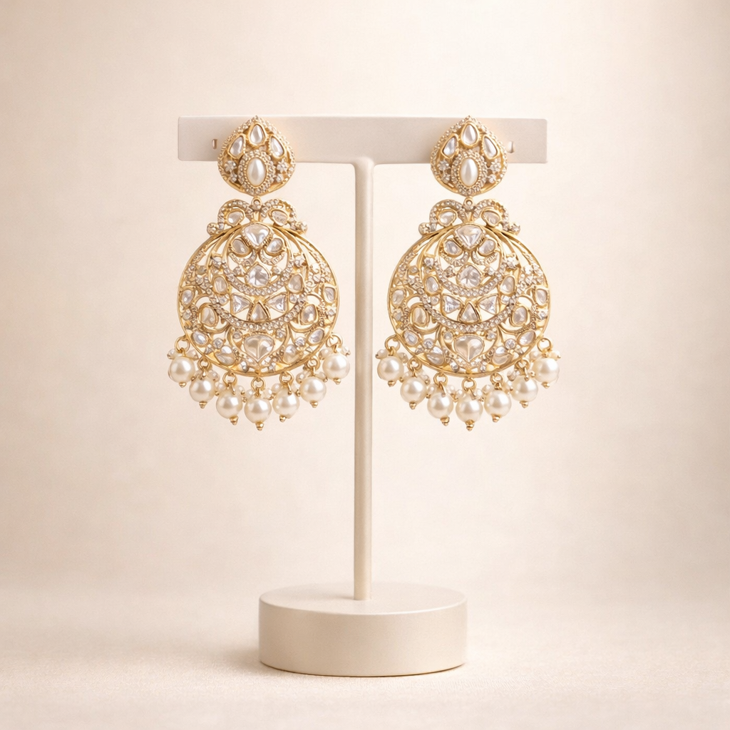 Pearl Drop Polki Chandbali Earrings – Traditional Indian Wedding & Festive Jewelry