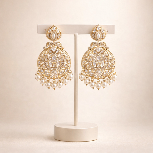 Pearl Drop Polki Chandbali Earrings – Traditional Indian Wedding & Festive Jewelry