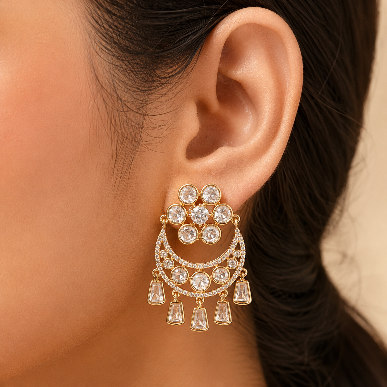Nayra Celestial Polki Chandelier Earrings | Moissanite Polki Statement Earrings | Atal Jain Designs