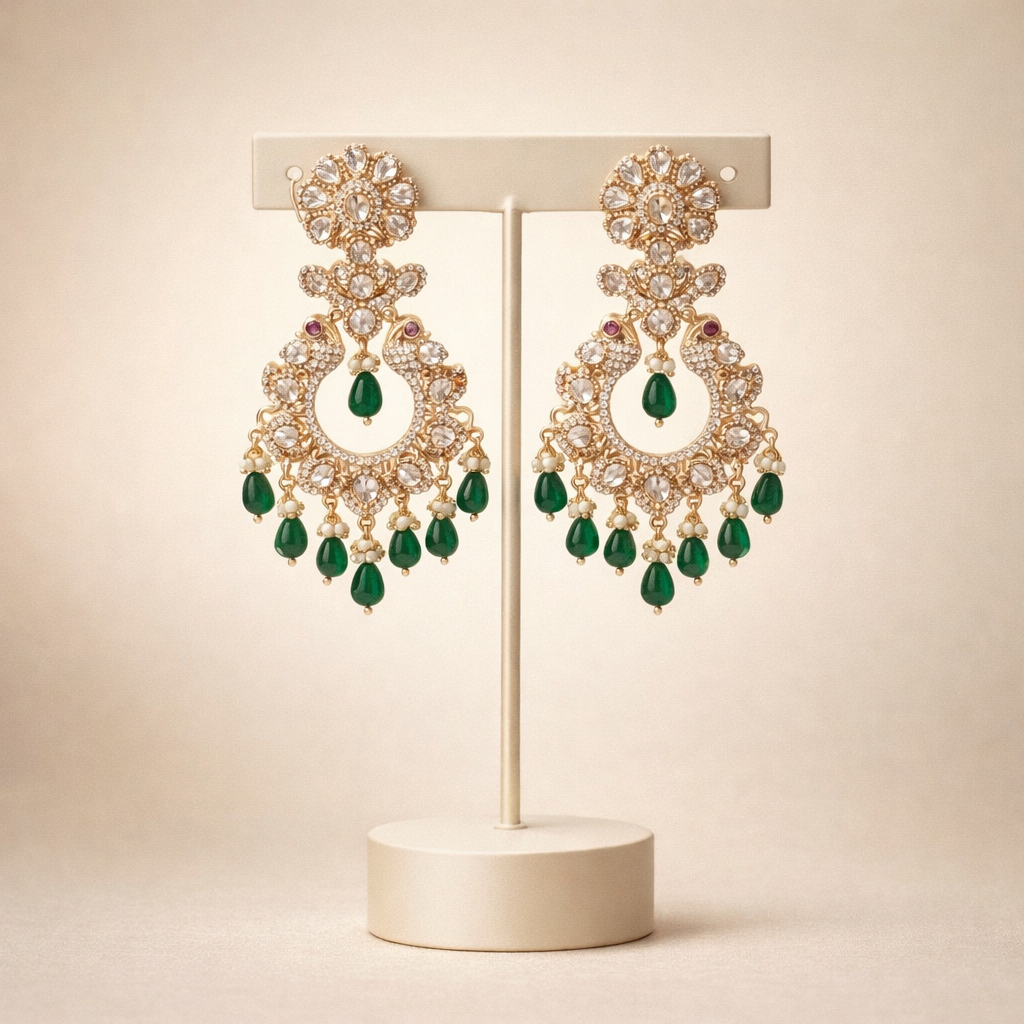 Emerald Drop Polki Chandbali Earrings – Traditional Indian Wedding & Festive Jewelry