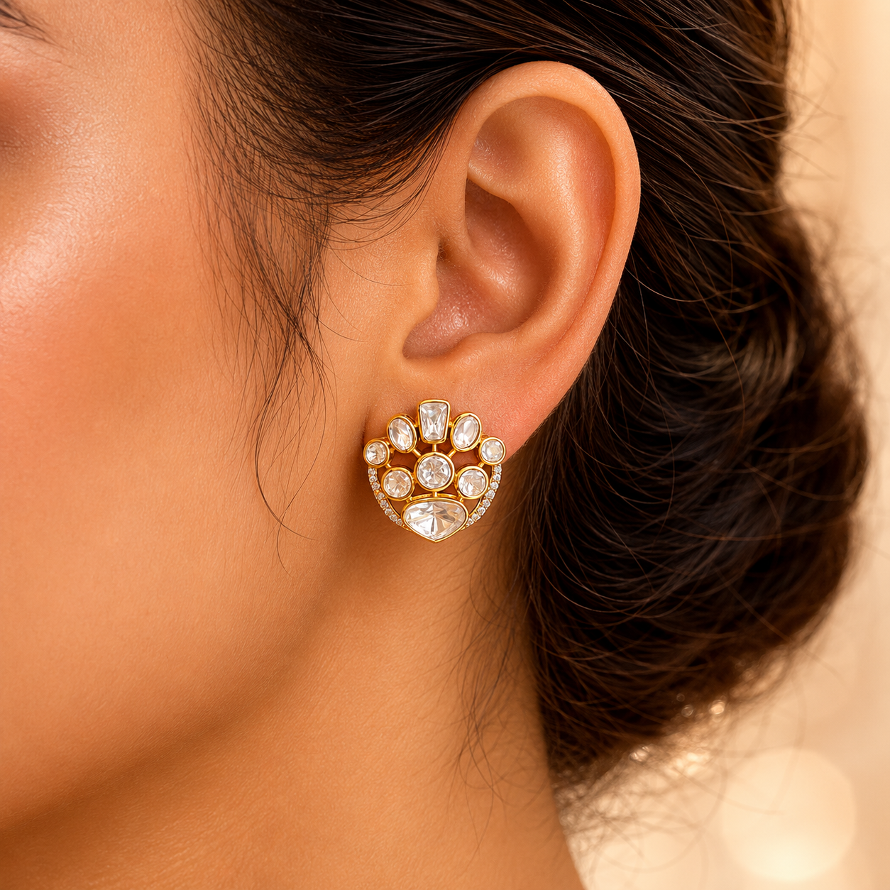 Aabroo Polki Fan Stud Earrings | Moissanite Polki Statement Studs for Women | Atal Jain Designs